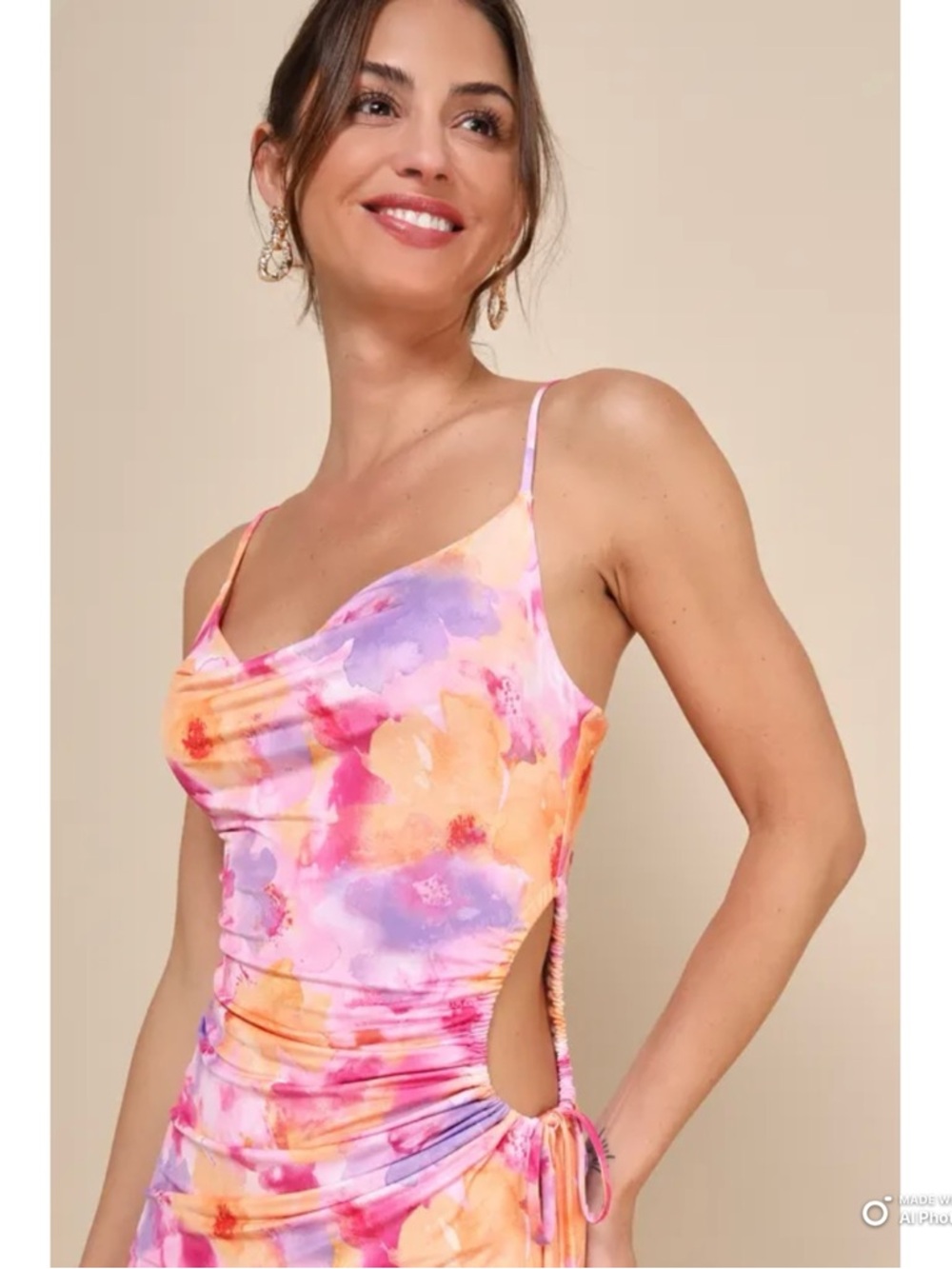 Floral Tie-Dye Cutout Slip Midi Dress - Pink & Purple - Picture 3 of 16